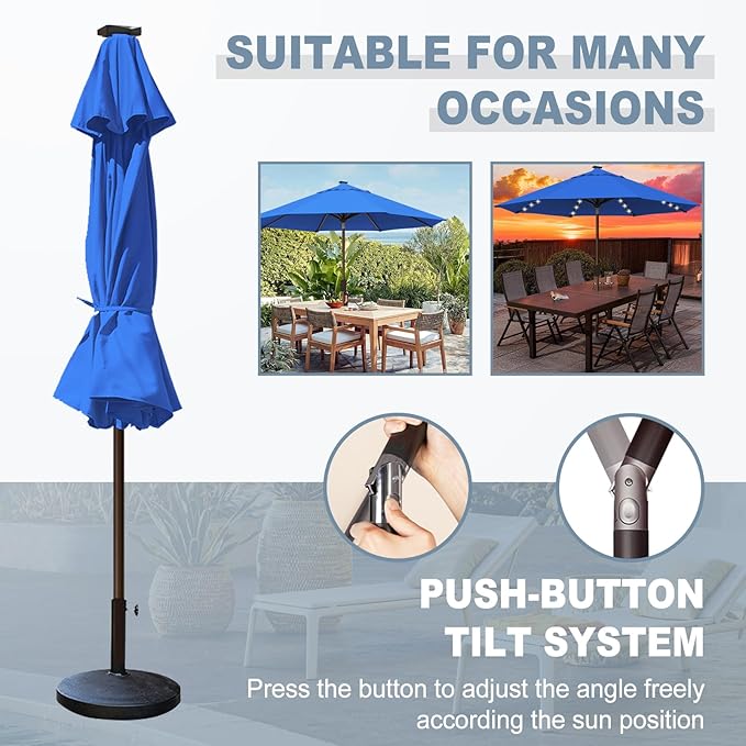 EliteShade USA 10-Year-Non-Fading 10ft Market Patio Umbrella, Commercial Grade Table Sun Umbrella with 80 Solar LED Lights, Crank Open, Windproof & UPF 50+ UV Protection for Garden, Deck, Pool, Backyard, Royal Blue