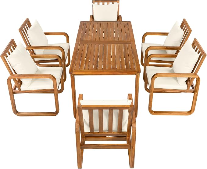 RUNNA 7 Pieces Outdoor Patio Dining Table Set with Removable Cushions, Modern Armrests and Spacious Table, Outdoor Furniture Set for Backyard, Garden Entertaining (Brown-A7)