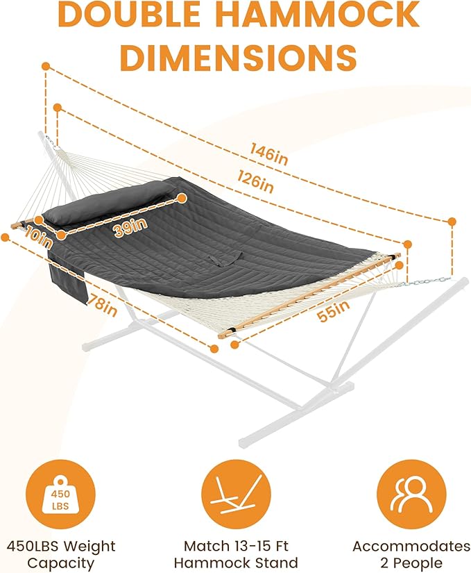 Lazy Daze Hammocks Rope Hammock with Pad, Spreader Bar, Carabiners, Tree Straps, Chains for Outside Patio- Max 450 Lbs, Dark Grey