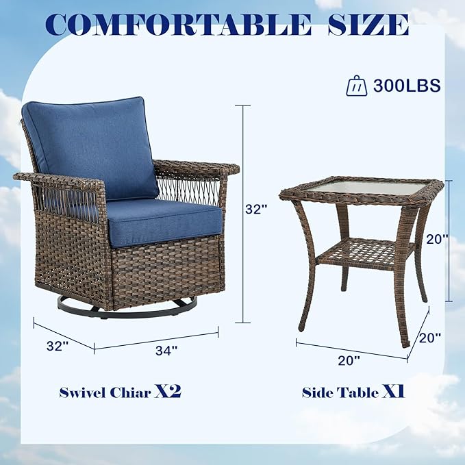 Outdoor Patio Rocking Swivel Chairs - 3PC Wicker Patio Bistro Rocker Chair Set,Rattan Glider Chair with Sturdy Frame,All-Weather PE Wicker and Cushions,1 Side Table for Deck Porch Balcony(Brown/Blue)