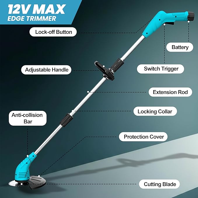 Cordless Weed Wacker, Grass Trimmer with 3 Types Blades and 2.0Ah Li-Ion Battery Powered,12V Electric Weed Trimmer/Edger for Garden Yard Work and Lawn Care (Blue)