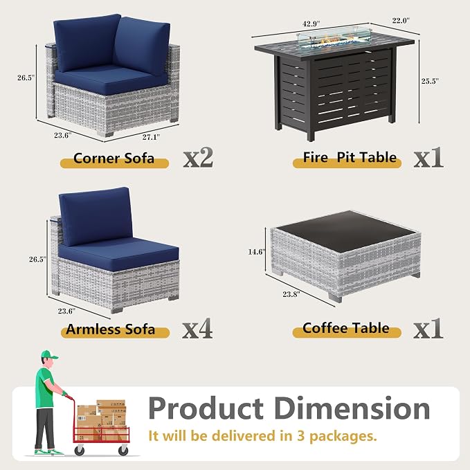 LOUVIXA 8 Piece Outdoor Patio Furniture Set, Outdoor Sectional Sofa with Firepit Table, Wicker Rattan Patio Furniture, Patio Conversation Set with Coffee Table & Cushions