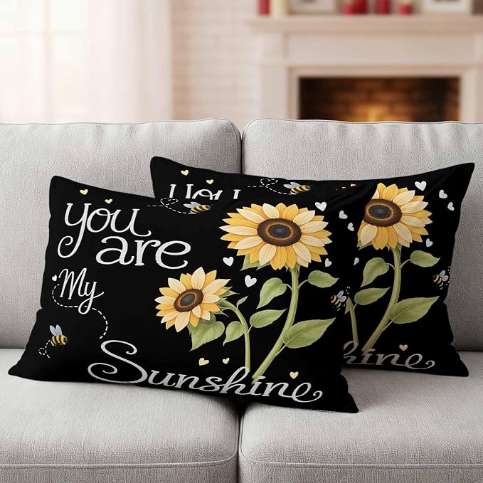 Outdoor Pillow Covers You are My Sunshine Words Decorative Throw Pillow Covers, Country Sunflowers Bees Throw Cushion Case with Zipper for Patio,Couch,Sofa,Garden 20x12in Set of 2