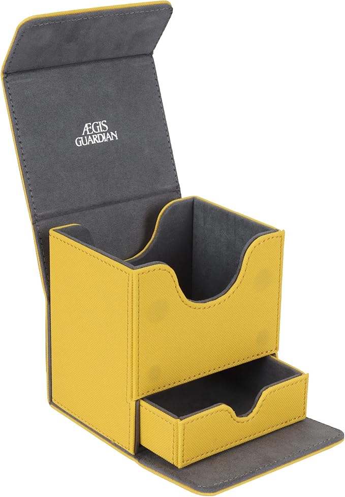 AEGIS GUARDIAN Card Deck Box with Dice Tray for MTG Cards, Commander Deck Box fit 150+ Sleeved Cards, PU Leather Card Storage Box Strong Magnet Deck Game Case for TCG CCG, Yellow