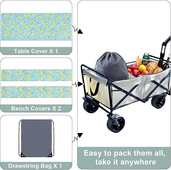 misaya Picnic Table Cover with Bench Cover, Waterproof Elastic Fitted Tablecloth for 8 Foot Tables, Rectangle Washable Polyester Fabric Tablecloths for Picnic, Camping, Outdoor (Lemon, 30" x 96")