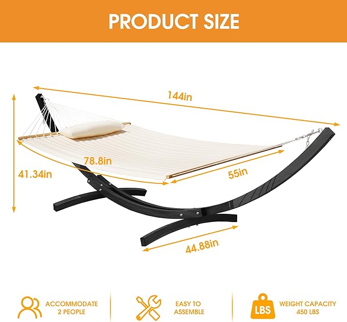 Lazy Daze Hammocks 12 FT 2 Person Double Quilted Hammock with Curved Steel Heavy Duty Stand and Pillow for Outside, Backyard, Patio, 450 Lbs Capacity, Cream