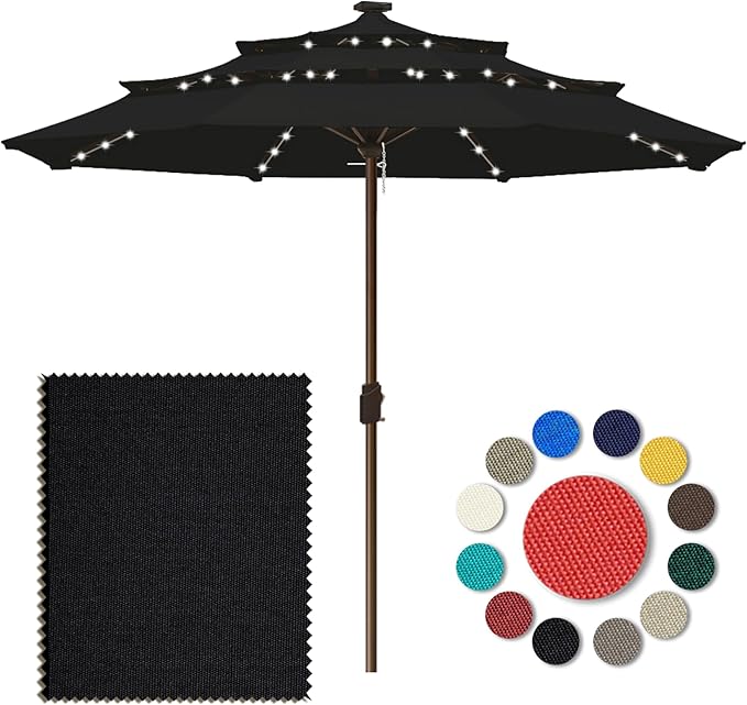 Eurmax USA 10-Year-Non-Fading 10FT 3-Tier Outdoor Patio Market Umbrella with LED Lights,UPF50+ UV Resistant,Commercial Grade,Crank Lift Design,Windproof Vented Top for Garden,Pool,Deck,Black