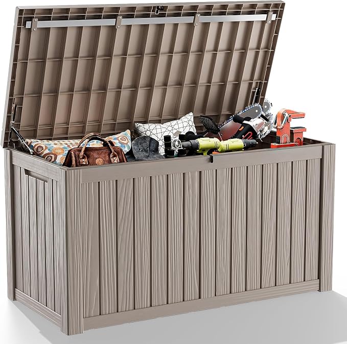 Resin Deck Box, Lockable Patio Outdoor Storage Box for Furniture, Garden Tools and Tools Storage, Waterproof Outside Storage Boxes (Grey, 150 Gallon)