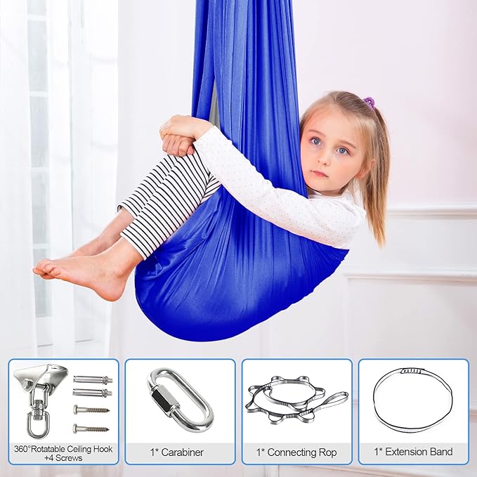 Therapy Swing Hammock Kids Cuddle Sensory Swing Indoor Therapeutic Hammock 360° Rotating Double Layer Elastic Rocking Cloth Swing Gifts for Children with ADHD SPD Asperger Autism (Blue+Grey)