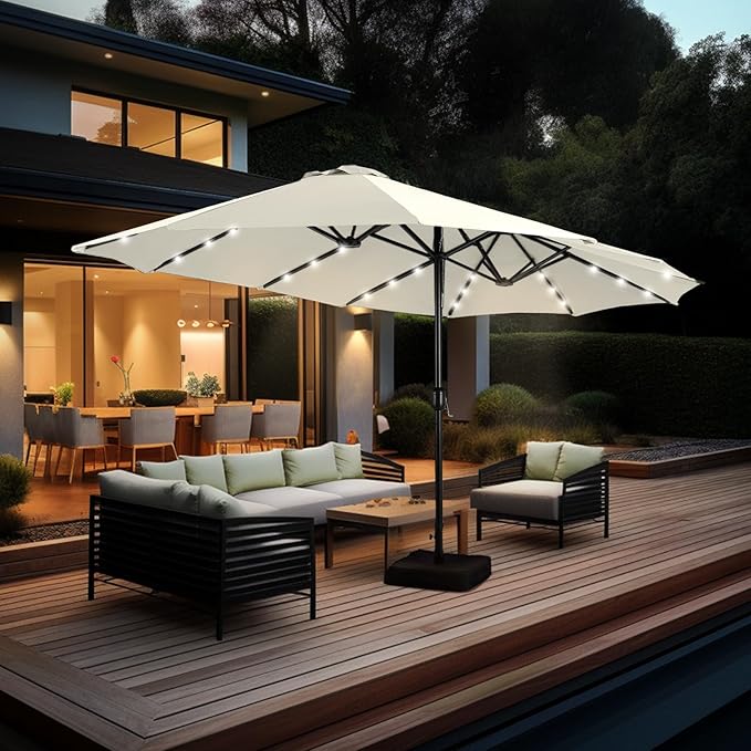 GREEN PARTY 15 ft Large Outdoor Patio Umbrella with Solar Led Lights & Base Included, Double-Sided Rectangular Table Umbrella with Stand, Market Umbrellas for Deck Poolside Garden Backyard, Ivory