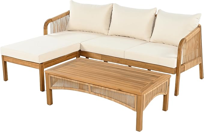 Christopher Knight Home Havets 3 Pieces Acacia Wood Patio Furniture Set, Faux Rattan Sofa and Coffee Table, Outdoor Conversation Sets with 6" Thick Cushions for Backyard Garden Balcony, Teak+Beige