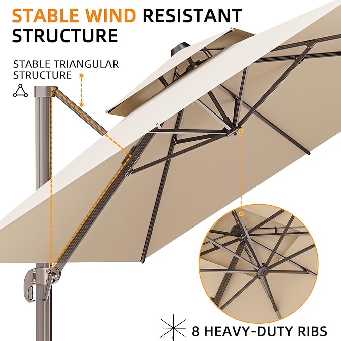 10' X 13' Outdoor Patio Umbrella Large Rectangle Cantilever Umbrella with Base Included, Heavy Duty 360°Rotation Offset Umbrella for Garden Deck Pool Patio,Beige