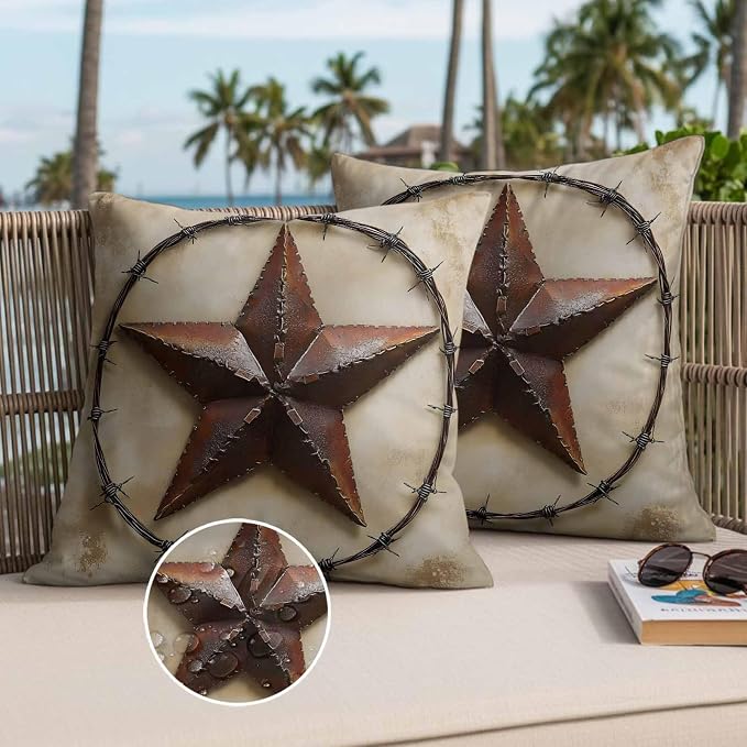 Country Star Retro Waterproof Outdoor Pillow Covers Set of 2 Home Decor, Farmhouse Western Aesthetic Art Pillowcase Patio Pillow Covers for Couch Bench Furniture Garden 16x16in