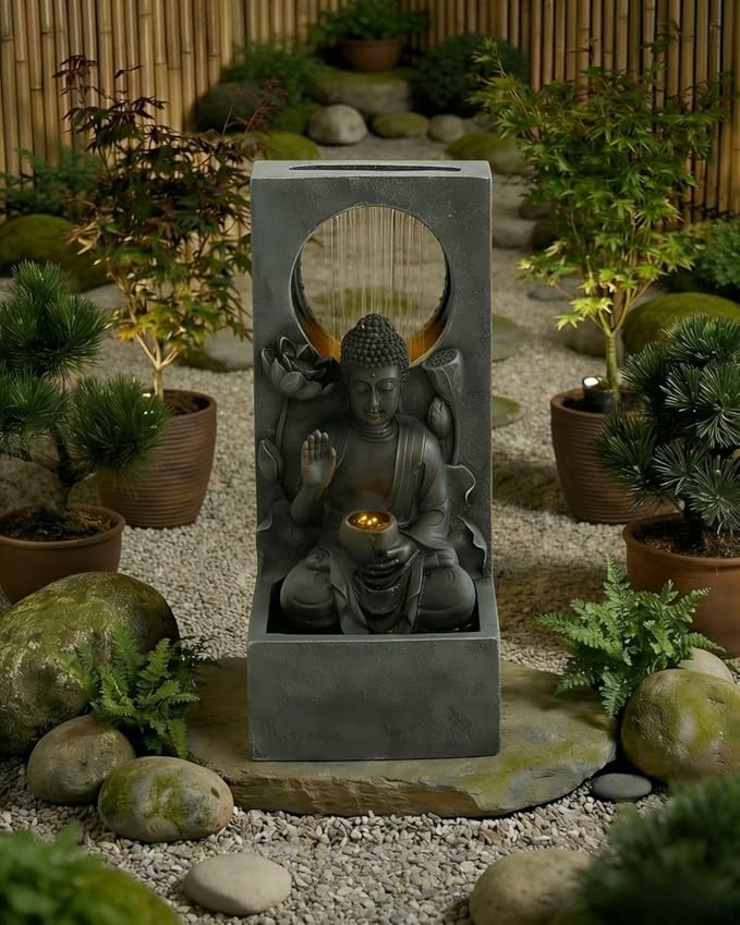 28" H Freestanding Buddha Waterfall Fountain, Asian Zen Fengshui Outdoor Water Feature with LED, Decorative for Patio Garden Backyard Deck Home