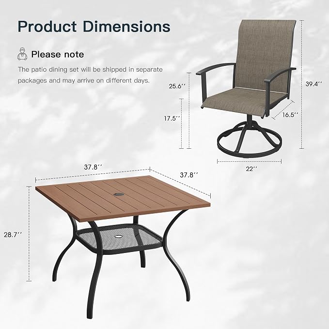 VICLLAX 5 Pieces Patio Outdoor Dining Set, 4 Swivel Textilene Chairs and 38" Square Metal Table with Umbrella Hole for Porch, Deck, Garden, Walnut/Brown