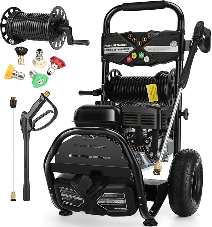 Professional 4200PSI 4GPM 212CC Gas Pressure Washer, 10" Wheels 7.0HP Commercial Gas Power Washer with 3L Foam Bottle 5 Nozzle 33FT Hose for Cleaning for Home Car Yard(EPA/CARB/ETL Compliant), Black