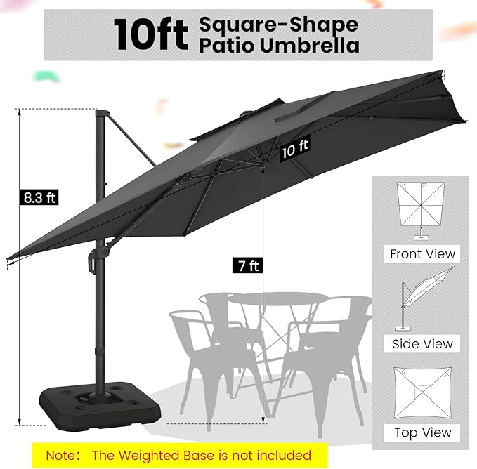 Hoteel Patio Umbrella - 10ft Cantilever Umbrella Outdoor for Patio, Offset Umbrellas with Double Top Vent, UV resistant, Large Table Umbrella on Clearance for Deck, Pool, Market, Backyard - Gray