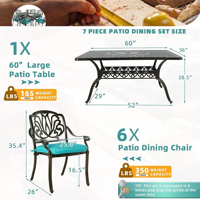 MEETWARM 7-Piece Outdoor Patio Dining Set, 6 Outdoor Dining Cushioned Chairs and 1 Rectangle Table with 2" Umbrella Hole, All Weather Cast Aluminum Patio Funiture Set for Backyard, Ocean Blue