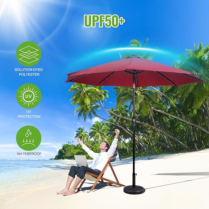 Backyard Expressions 9FT Solar Patio Umbrella with 32 LED Lights, UPF50+ UV Protection, Fade-Resistant Fabric, Easy Tilt & Crank, Outdoor Umbrella for Patio, Deck & Pool (Base Not Included)