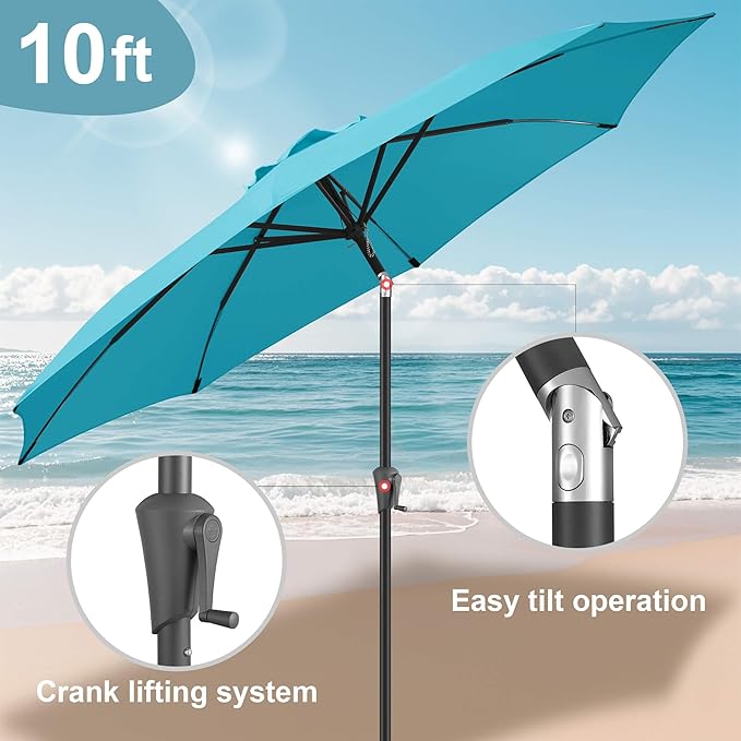 FLAME&SHADE 10ft Patio Umbrella - Outdoor Umbrella with Push Button Tilt and Crank for UV Protection, Table Market Umbrella for Garden, Deck, Backyard, Pool and Beach(Aqua Blue)