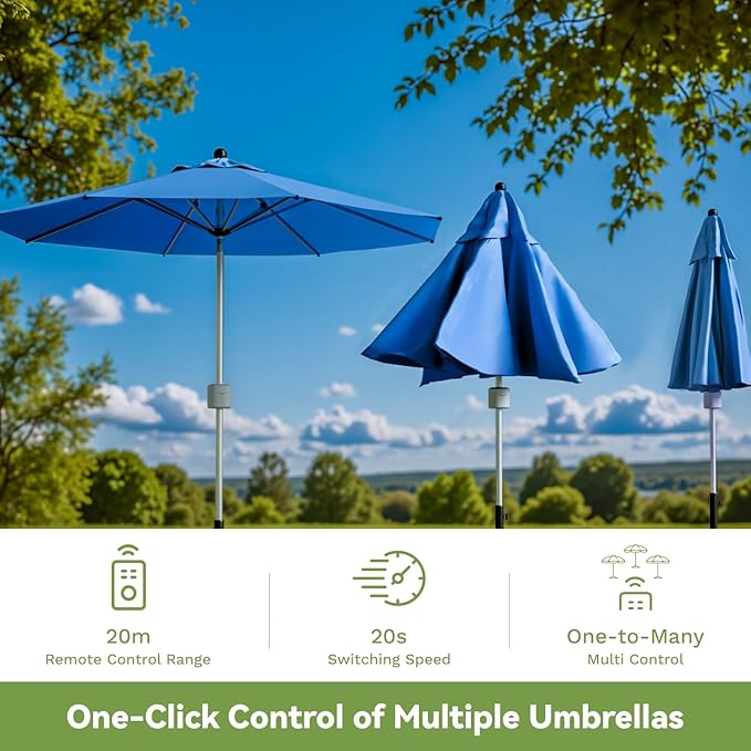 Patiowell 9 FT Motorized Patio Umbrella with Base Included, Outdoor Umbrella with Base, Detachable Power Bank Hands-Free Automation, Aluminum Frame for Backyard, Poolside, Outdoor Dining, Blue