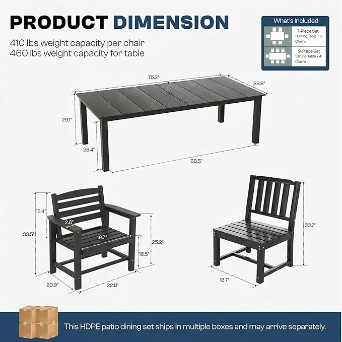 7-Piece Outdoor Dining Set for 6, 75.2" HDPE Patio Table with Umbrella Hole & 6 Chairs, Weather-Resistant Wood-Look Patio Furniture for Garden, Lawn, Deck, or Poolside (Black)