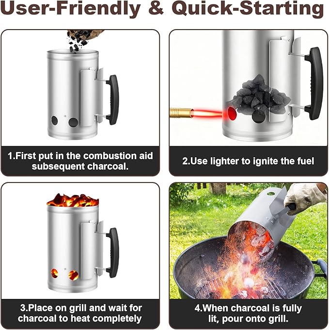 BEAU JARDIN Charcoal Chimney Starter Large Capacity BBQ Grill Lighter Barbecue Fire Starter Grilling for Charcoal Grill Briquette Coal Fire Starter Chimney for Grills Outdoor Cooking Can Accessories
