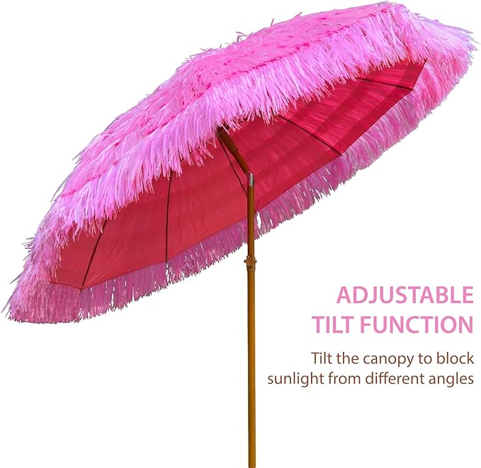 AMMSUN 7.5ft Hula Thatched Tiki Patio Beach Umbrella Hawaiian Style 10 Ribs UPF 50+ with Tilt Carry Bag for Outdoor Tiki Bar, Tropical Palapa, Patio Garden Beach Pool Backyard Pink