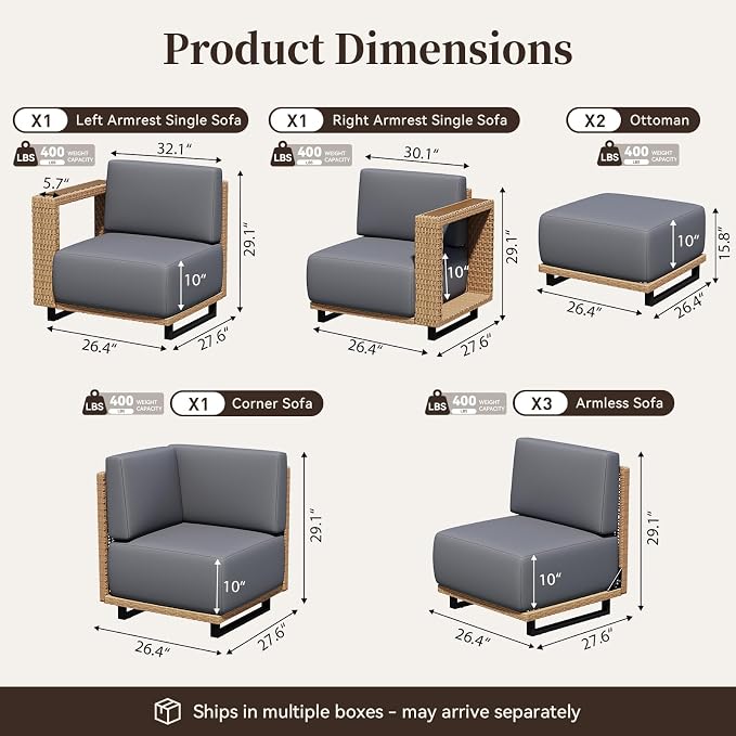 LazySunsets Patio Furniture Set, 8 Pieces Wicker Outdoor Sectional Sofa with 10'' Ultra-Thick Cushions & Ottomans, All-Weather Rattan Conversation Set for Backyard Poolside, Yellow/Dark Gray