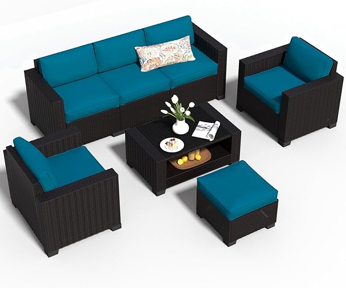 SHGJ&SOFT 7 Piece Patio Furniture Set, Wicker Outdoor Sectional Sofa with Washable Cushion Covers and Tempered Glass Table, Rattan Conversation Set for Poolside
