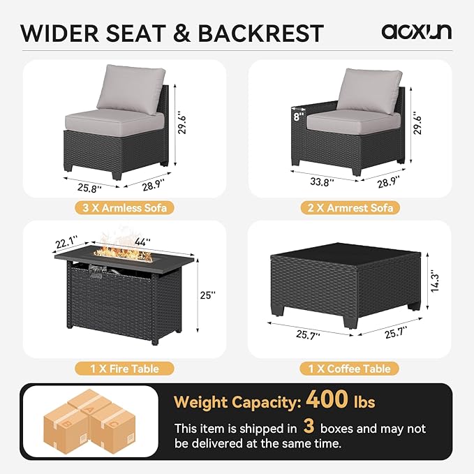 Aoxun Outdoor Patio Furniture Set with 44'' Fire Pit Table, 7 Pcs Outdoor Patio Furniture Sets with 4in Thicken Cushion, Widen Armrests Wicker Outdoor Sectional for Backyard (Waterproof Cover Include)