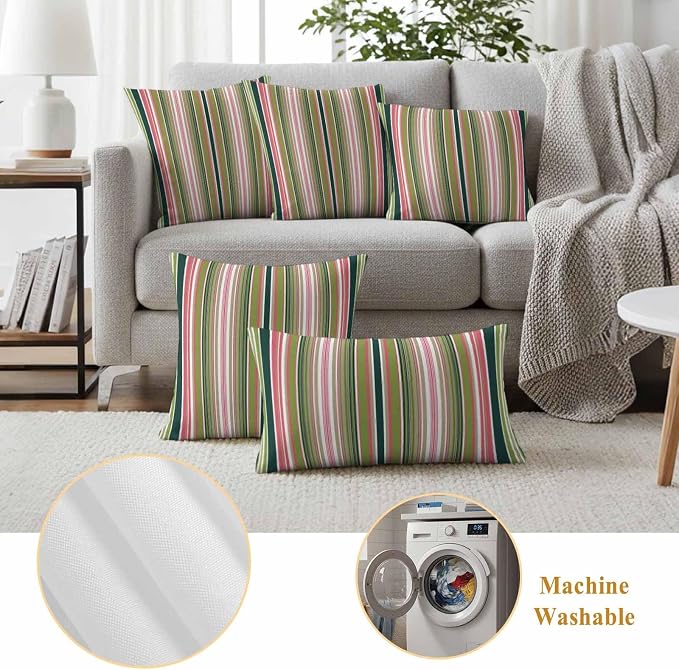 Outdoor Waterproof Throw Pillow Covers Set of 2 Sage Green Striped Pillowcases 20x20 Inches Geometric Pink Stripes Decorative Pillows Cushion Case Patio Pillows for Couch Bed Chair Garden