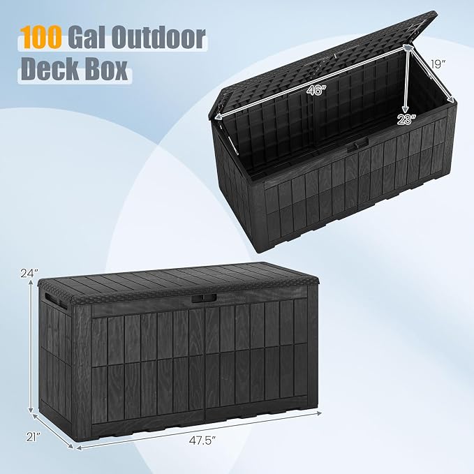 HAPPYGRILL 100 Gal Outdoor Deck Box, Lockable Storage Bin with Lid and Handles, Waterproof and Sun-Protective Patio Bench and Storage Box for Garden Tools Pool Supplies (Black, 100Gallon)