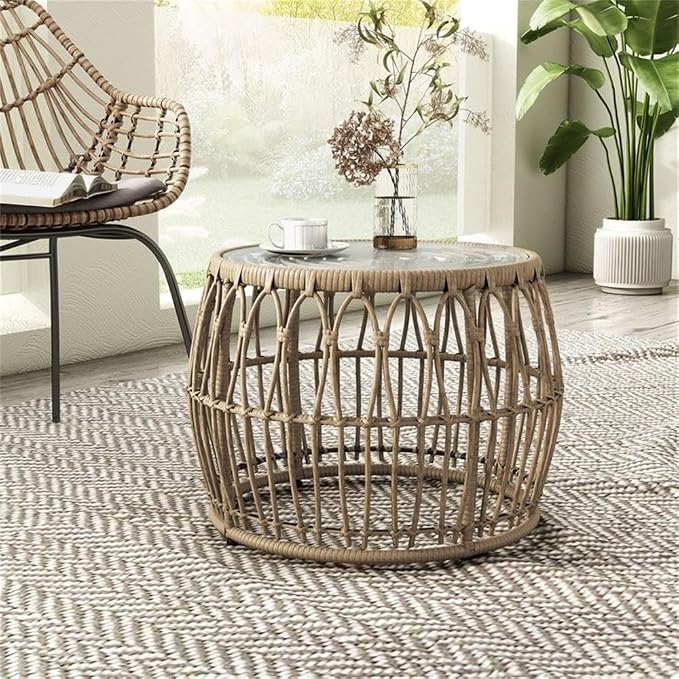 MAKLAINE Round Outdoor Coffee Table, Natural Finish, PE Wicker Rattan with Tempered Glass Top, 21.65" Diameter x 15.75" Height, Boho Coastal Style, Durable Patio or Indoor Furniture