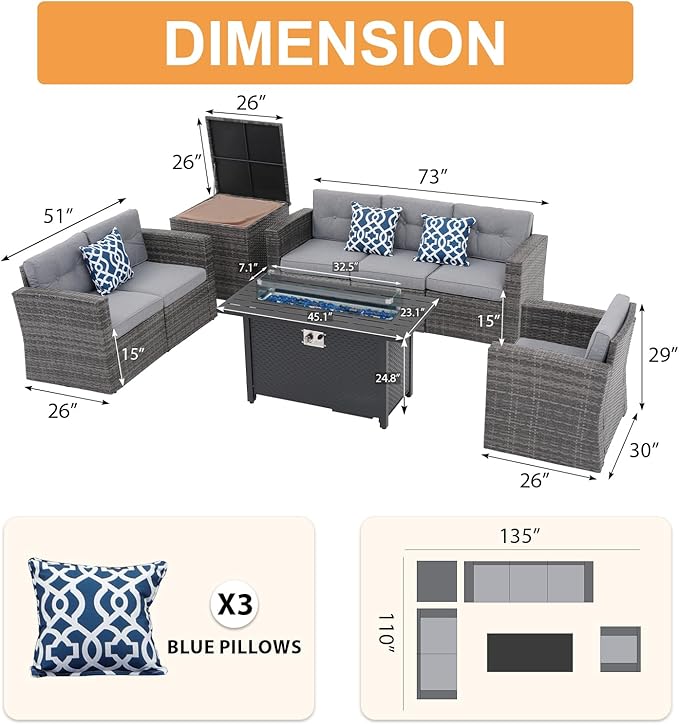 Super Patio 8 Pieces Outdoor Patio Furniture Set with 45” Fire Pit Table, Rattan Patio Conversation Sets with 50000 BTU Gas Fire Pit, Wicker Sectional Sofa Set with Storage Box, Gray (Without Table)