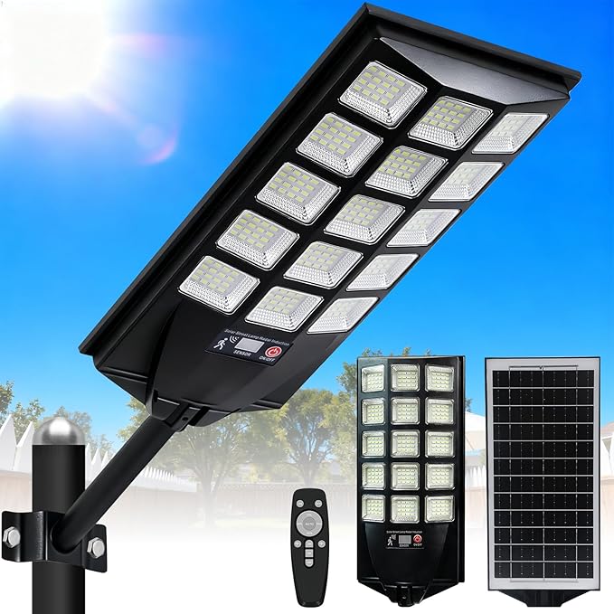 Jercoda Solar Lights Outdoor Waterproof, 50000LM 6500K Dusk to Dawn Solar Powered Street Light Motion Sensor with Remote, LED Security Flood Light for Outside Garden Yard Parking Lot Pathway, 1PACK