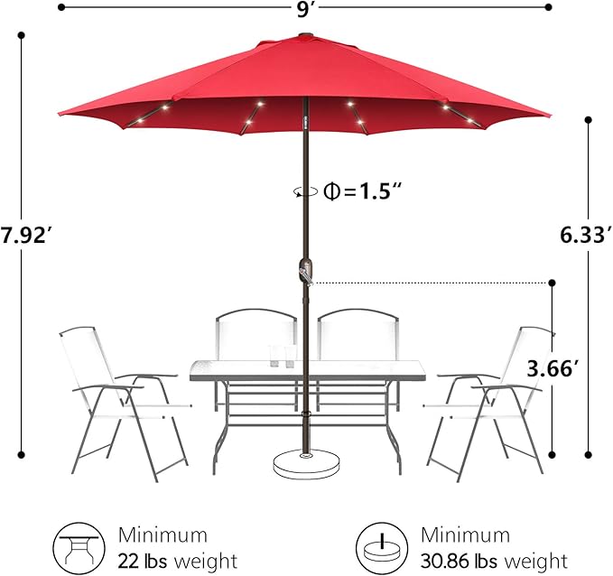 9ft Patio Umbrella with Solar Lights, Outdoor Umbrella with 24 LED Solar Umbrella Lights, Push Button Tilt & Crank Ideal for Garden, Deck, Backyard & Pool, Red
