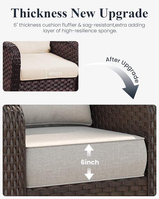LayinSun 8 Piece Wicker Outdoor Furniture Set with 6-inch Comfy Cushions, High Back Patio Furniture Set with Swivel Rocking Chairs and Fire Pit Table