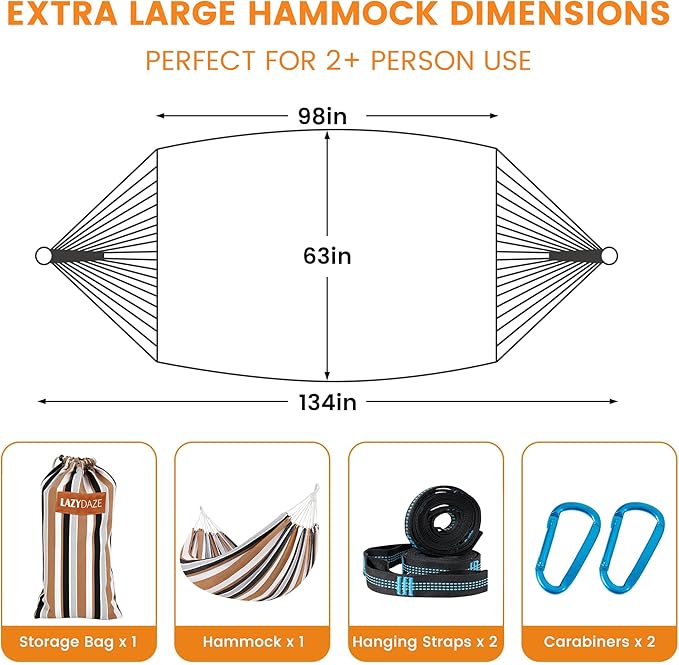 Lazy Daze Hammocks Extra Large Double Hammock, Portable Camping Hammock with Travel Bag & Tree Straps for Outdoor, Camping, Backyard, Patio, 550lbs Capacity, Brown & White