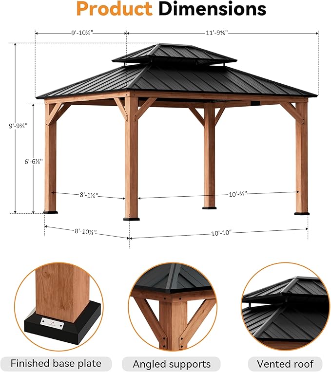 Modern Shade Rosewood Wood Gazebo 10' x 12', Permanent Hardtop Gazebo with Double Galvanized Steel Roof, Mosquito Netting and Yard-Dyed Curtains, Cedar Outdoor Gazebo with Sturdy Hooks for Backyard
