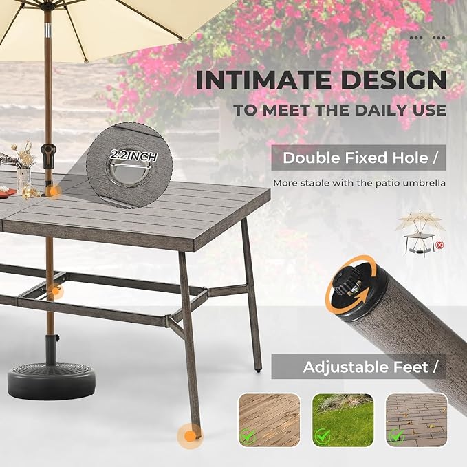HAPPATIO 9-Piece Patio Table and Chairs Set for 8, Aluminum Outdoor Dining Set with Cushions, 8 Dining Chairs, 1 Large Rectangular Table with Umbrella Hole for Lawn, Porch, Backyard, Grey