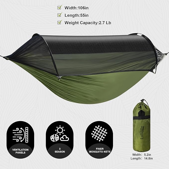 Lulladle Camping Hammock - (Double/Single) Hammock Portable with Tree Straps and with Mosquito Net，Nylon Hanging Hammock Easy Setup and Pack for Outdoor, Hiking and Backyard
