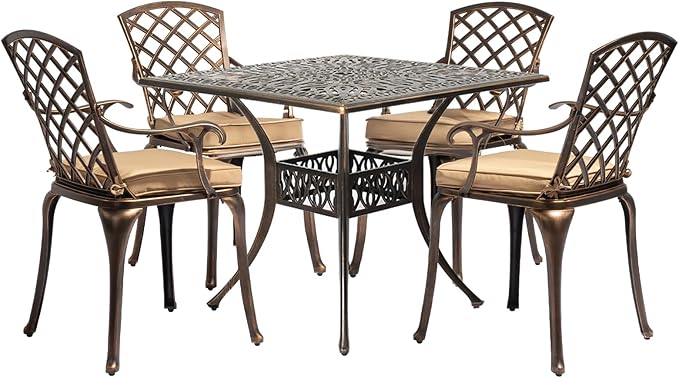 VINGLI 5-Piece Outdoor Patio Dining Set, Cast Aluminum All-Weather Outdoor Table and Chairs w/Cushion, Outdoor Furniture Set w/Umbrella Hole for Backyard Deck Poolside (Square, Grid Back)