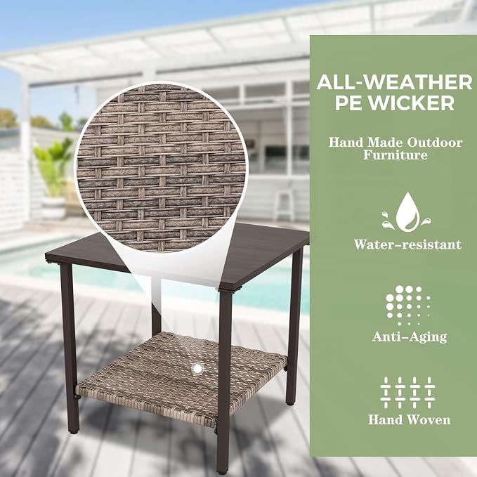 EAGLE PEAK Coastal Vista Outdoor Table with Wicker Shelf for Garden, Patio, Poolside and Porch, Square, Wood Grain Top
