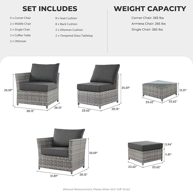 12 Pieces Outdoor Furniture Patio Sectional Sofa Couch Gray PE Wicker Conversation Sets with Ottomans Glass Coffee Table for Garden Poolside Backyard