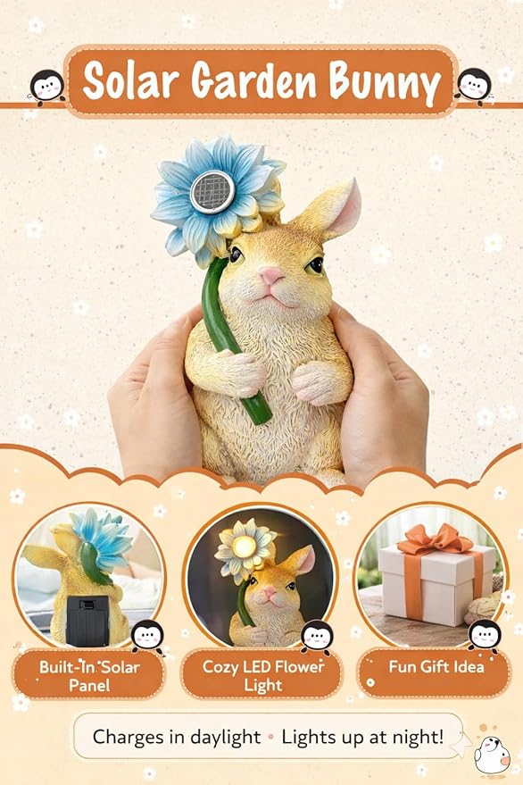 GoGnome Set of 3 Solar Animal Garden Lights – Resin Bunny, Cat & Dog Figurines with Warm LED Flower, Solar Powered Outdoor Décor for Garden, Patio, Yard, Balcony (Puppy/Kitten/Rabbit)