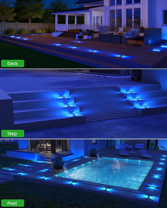 DetarZinLED Blue Solar Step Lights, 12 LEDs 2-Sided Glow, IP68, 4 Pack | IP68 Waterproof, Solar Powered, Auto ON/OFF, Stick on, Sturdy Polycarbonate Shell, for Outdoor Dock, Deck, Flat, Stair, Porch