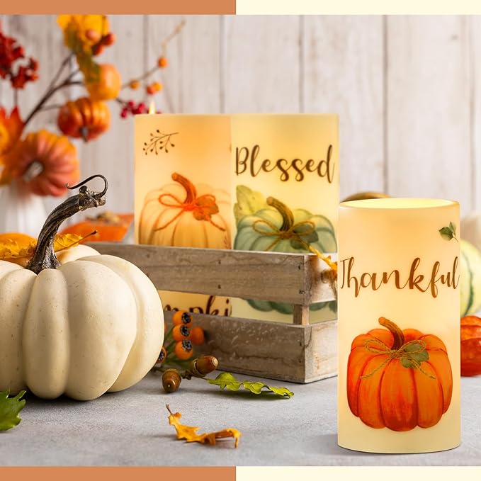 Retisee 3 Pcs Farmhouse Thanksgiving Flameless LED Candles Thanksgiving Battery Operated Candles with Remote Control Thankful Blessed Pumpkin Decor for Table Centerpiece Bedroom Harvest Decorations