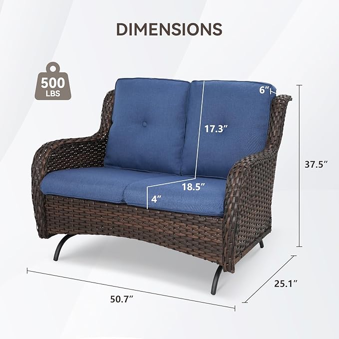 Patio Loveseat Wicker Loveseat Rattan Glider Sofa with Curved Armrest Thicking Back & Seat Cushions for Garden Balcony Backyard Brown Wicker|Blue Cushions (A) Patio Loveseat Glider