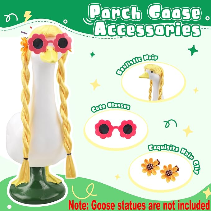 Porch Goose Wigs Accessories 2 Pack with Sunflower Hair Clips Fall Porch Goose Braid Wigs Autumn Pastoral Style Outdoor Decor for Lawn Goose Statues